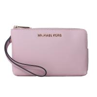 【Michael Kors】JET SET TRAVEL經典金字防刮皮革雙層雙色手拿包(粉色/乾燥玫瑰粉)