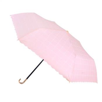 2mm 色膠抗UV格紋滾邊輕量彎把手開傘-格子粉 /雨傘 摺疊 迷你 超輕量 阻隔紫外線 晴雨兩用 口袋傘 超防曬 抗UV 降溫 易乾