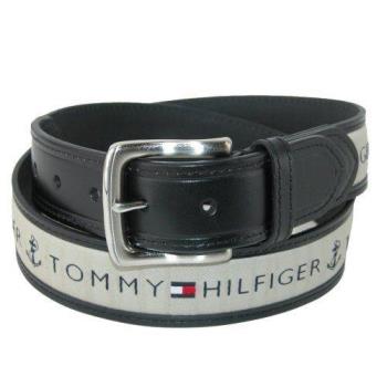 Tommy Hilfiger 2018男時尚灰織帶鑲嵌黑色皮帶(預購)
