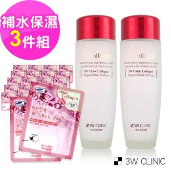 韓國 3W CLINIC 補水保濕超值組 膠原潤澤化妝水150mlx2入 效期2026.05+純棉保濕面膜-膠原20片