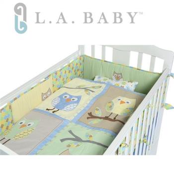 L.A. Baby 貓頭鷹純棉八件組寢具 L(枕頭+枕套+雙床圍+床罩+床裙+空調被+被芯)
