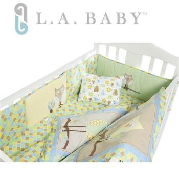 L.A. Baby 貓頭鷹純棉八件組寢具 M(枕頭+枕套+雙床圍+床罩+床裙+空調被+被芯)