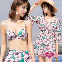 天使霓裳 泳衣 翠綠浮花 三件式鋼圈比基尼泳裝(粉M~XL) EE1890