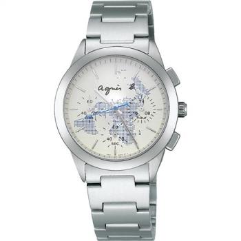 agnes b. 全球旅行世界地圖三眼計時錶/藍/37mm (V654-0AF0S/BWY059P1)
