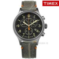 TIMEX 天美時 / TXTW2R60200 / 美國品牌 INDIGLO專利冷光照明 三眼計時 日期 帆布真皮手錶 黑x灰綠 42mm