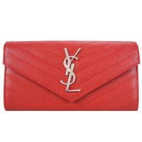 YSL MONOGRAM系列V字縫線魚子醬牛皮金屬LOGO暗釦手拿長夾(紅)