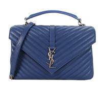 YSL MONOGRAM系列復古金屬LOGO羊皮學院手提/肩背包(大/蔚藍)