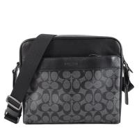 COACH 烙印LOGO拼接PVC皮方形拉鍊斜背包(黑灰)