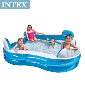 INTEX藍色透明有靠墊戲水游泳池229x229x66cm(990L)適用3歲+(56475N)