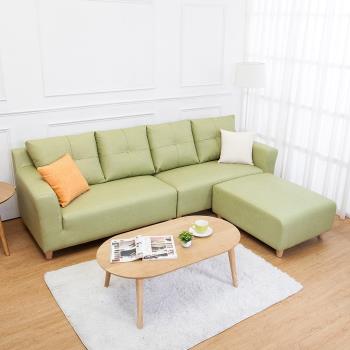 Boden-班森L型綠色貓抓布紋皮沙發(四人座+腳椅)(送抱枕)