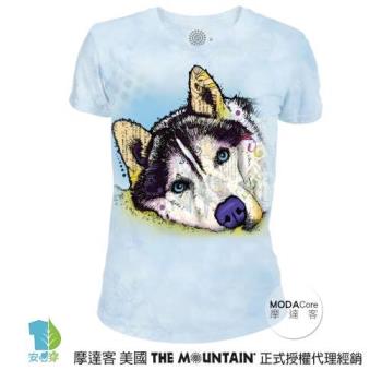 摩達客(預購)美國The Mountain都會系列 彩繪哈士奇雪橇犬 圓領藝術修身女版短袖T恤 個性時尚 輕透柔軟舒適高級混紡