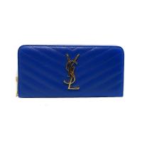 【YSL】經典MONOGRAM系列 V字縫線魚子醬牛皮拉鍊長夾 (358094-藍)