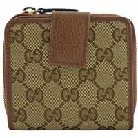 GUCCI 346056 雙G緹花布皮飾邊扣式短夾.駝/咖邊
