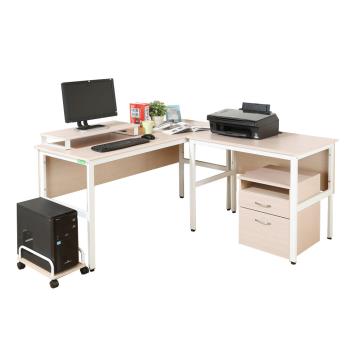 DFhouse  頂楓150+90公分大L型工作桌+主機架+桌上架+活動櫃