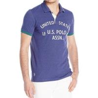 US Polo 2018男時尚植絨徽標道奇藍色合身短袖POLO