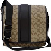 COACH 經典C LOGO皮革飾條PVC掀蓋斜背包-卡其色/咖啡