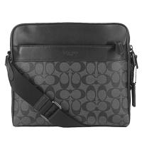 【COACH】緹花LOGO防刮皮革方形斜背包(灰黑色)