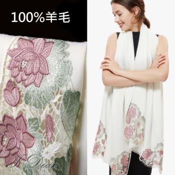 【I.Dear】十里荷花-100%羊毛80支紗斜紋刺繡花朵保暖羊毛圍巾披肩(白色)