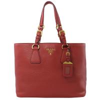 PRADA 1BG043 經典浮雕LOGO荔枝皮革肩背托特包.紅