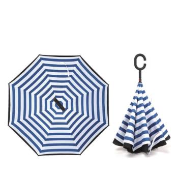 (生活良品)C型雙層海軍紋手動反向雨傘-條紋款藏青色