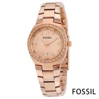 FOSSIL 溫柔玫金點鑽皇室風鋼帶石英女錶-玫金色x28mm-AM4508
