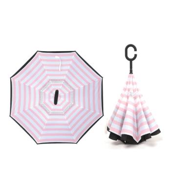 (生活良品)C型雙層海軍紋手動反向雨傘-條紋款粉紅色