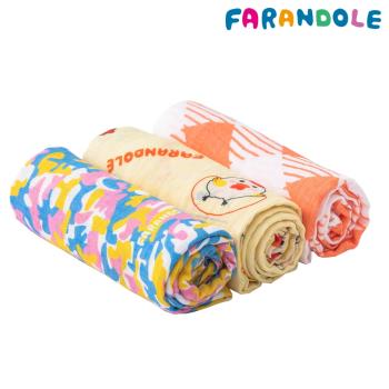 FARANDOLE - 無棉絮極柔軟雙層竹纖維包巾-三件禮盒組(繽紛迷彩+黃底公雞+橘色格紋)