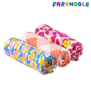 FARANDOLE - 無棉絮極柔軟雙層竹纖維包巾-三件禮盒組(繽紛迷彩+橘色格紋+紫色幸運豹)