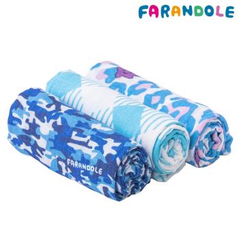 FARANDOLE - 無棉絮極柔軟雙層竹纖維包巾-三件禮盒組(藍色迷彩+藍色格紋+莫蘭迪幸運豹)