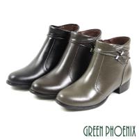 GREEN PHOENIX 反摺水鑽枝葉造型全真皮低跟短靴U15-20015