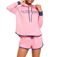 US Polo 女時尚粉紅色連帽運動衫短褲睡衣套組