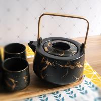 Homely Zakka 北歐時尚大理石陶瓷茶壺+托盤組(黑色)