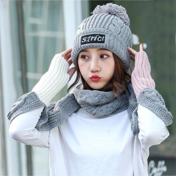 Acorn*橡果-韓系撞色加絨毛帽+露指手套圍巾1815(兩件組-灰色)