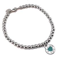 TIFFANY Return To Tiffany 925純銀刻字圓牌鑲藍瓷愛心墜飾珠珠手鍊
