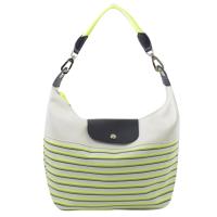 Longchamp MARINIERE 條紋棉麻繩背帶HOBO肩包.螢光綠