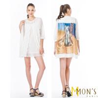 MONS歐系精品棉麻透膚圖畫長版外套