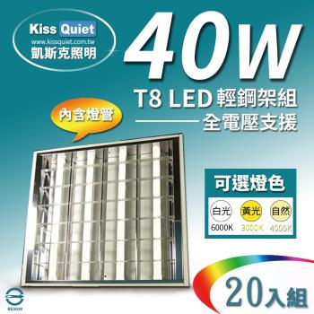 《Kiss Quiet》 60*60cm 40W(白光/黄光/自然光) T8 2尺LED燈管專用輕鋼架燈具(含4根燈管)-20入