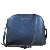 MICHAEL KORS ADELE 銀字LOGO荔枝紋全皮革貝殼斜背包(子夜藍色/中)