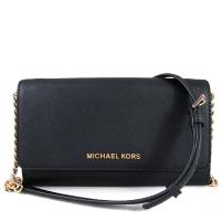 MICHAEL KORS JET SET TRAVEL 金字LOGO防刮皮革翻蓋鏈帶斜背包(黑色 )
