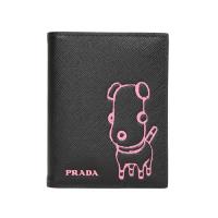 PRADA Pradamalia 防刮皮革萌寵圖案釦式輕便短夾(黑/粉紅)