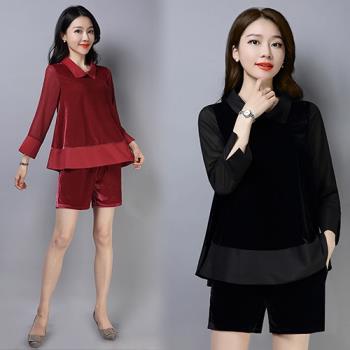 型-K.W.韓國 襯衫立領雪紡拼薄絨二件式套裝