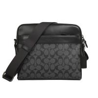 COACH PVC LOGO男用拉鍊寬版斜背包(黑灰)