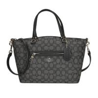 COACH 專櫃款C LOGO緹花布牛皮拼接手提斜背兩用水餃包(黑灰)