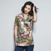 【REKO】韓版時尚花朵印花棉麻上衣M-4XL(共兩色)