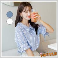 襯衫 翻領條紋質感五分袖襯衫YK9827-創翊韓都