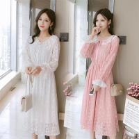 【REKO】清新甜美花邊蕾絲高腰長裙-S-2XL(共二色)