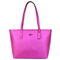 COACH 馬車 LOGO 素面珠光防刮皮革托特包(櫻桃粉)