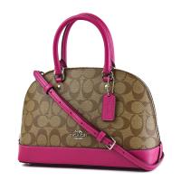 COACH 緹花LOGO手提/斜背二用貝殼包-桃紅色/小