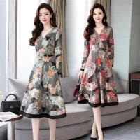 【SZ】碎花印花百搭V領顯瘦長袖洋裝M-2XL(共二色)