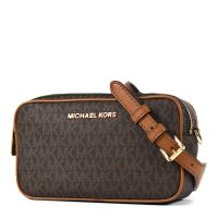 MICHAEL KORS 金字緹花LOGO雙層拉鍊寬背帶相機包-咖啡色